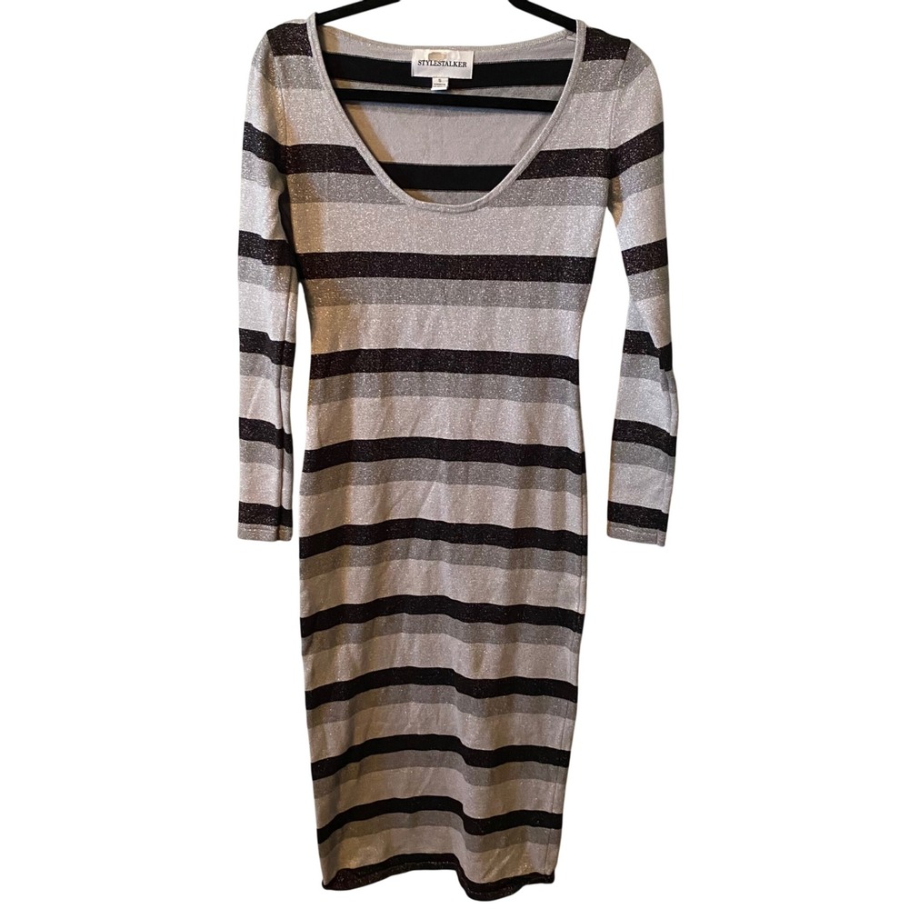 StyleStalker Metallic Stripe Long Sleeve Bodycon Midi Dress Silver Black  Size S